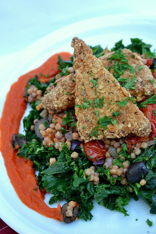 Nutty Crusted Tofu, Medterranean Pilaf + Roasted Red Pepper Sauce