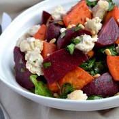 Beetroot & Sweet Potato Salad with Baked Cashew Cheese
