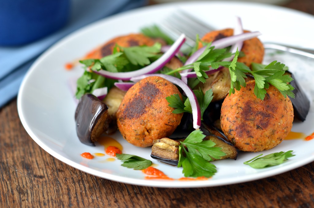 Tempeh Kofte with Roasted Aubergine and Minted Yogurt - Coconut and Berries