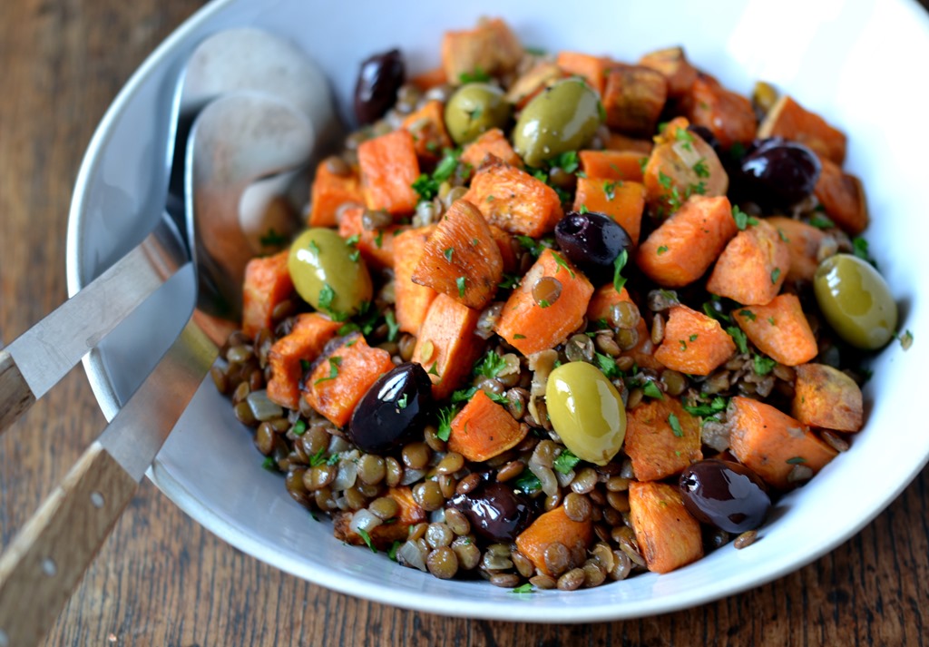 Warm Lentil Salad with Sweet Potato & Olives | coconutandberries.com