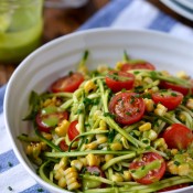 Courgetti Salad with Cherry Tomatoes, Grilled Corn & Herby Dressing